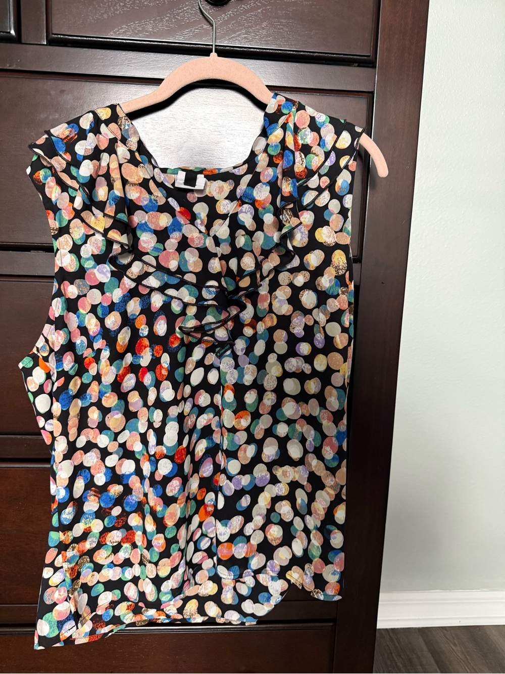 Sleeveless Ruffle Dot Print Top - Black Multicolor
